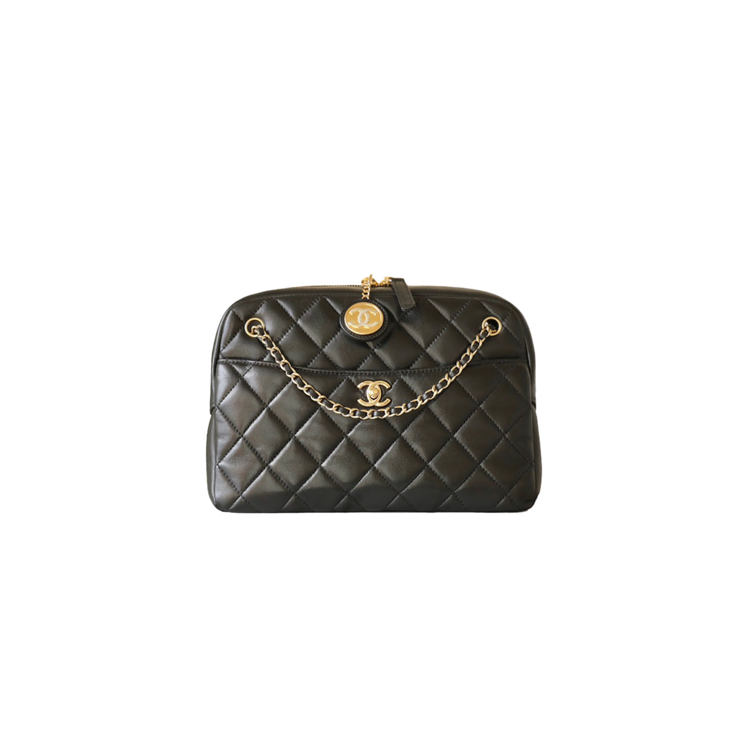 CHANEL MASTER GOLD COIN CAMERA BAG BLACK MEDIUM GOLD BUCKLE AS5190 (24*19*9cm)